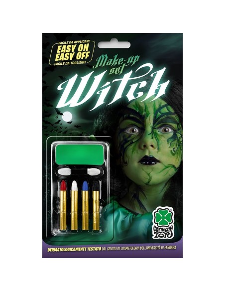 Kit trucco Halloween con fondotinta verde e matite colorate per makeup da strega horror