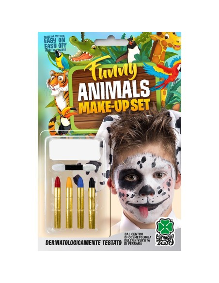 Set trucco dalmata con fondotinta e matite colorate per makeup da cane a macchie bianche e nere