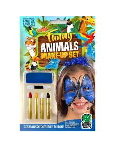 Set trucco farfalla blu con fondotinta e matite colorate per makeup teatrale