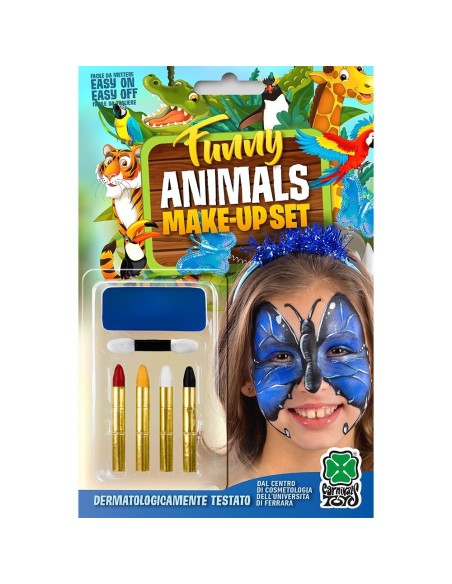 Set trucco farfalla blu con fondotinta e matite colorate per makeup teatrale