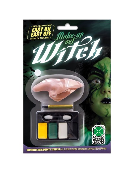 Set trucco strega con naso finto e palette colori verde giallo nero bianco per Halloween makeup horror