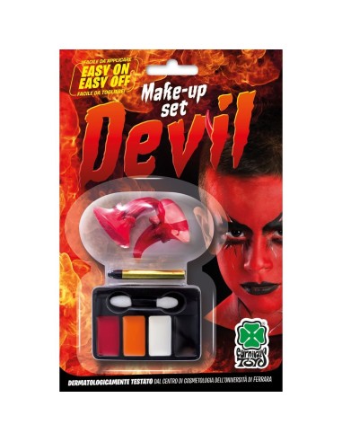 Set trucco diavolo con corna rosse e palette colori per makeup Halloween horror