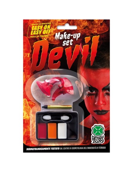 Set trucco diavolo con corna rosse e palette colori per makeup Halloween horror