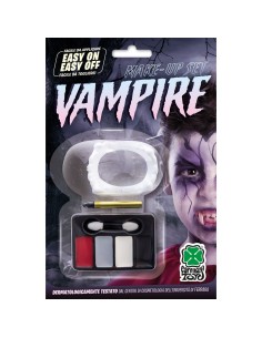 Set trucco vampiro con dentiera e palette colori rosso bianco nero per Halloween