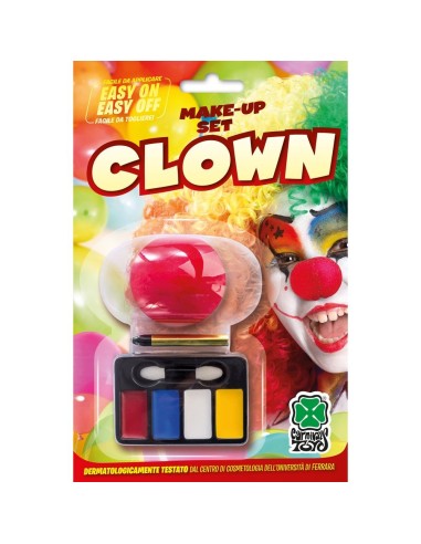 Set trucco clown con naso rosso e palette colori per viso blu bianco giallo rosso