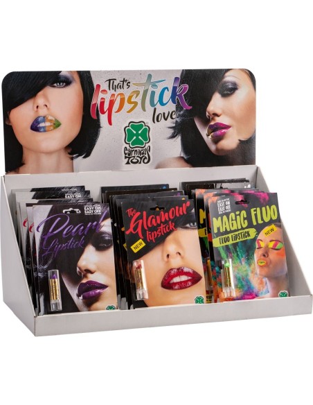 Espositore da banco con 24 rossetti colorati assortiti per makeup teatrale e costumi carnevale Halloween