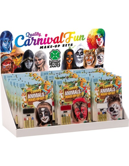 Espositore trucchi bambini con fondotinta colorati e matite tema animaletti per face painting