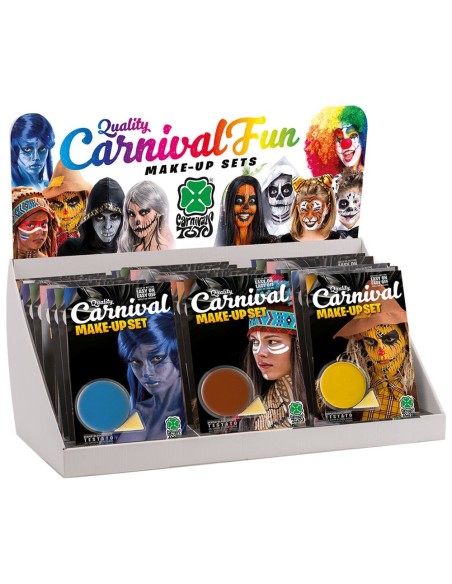 Espositore con 24 vasetti fondotinta colorati assortiti per trucco carnevale e teatro