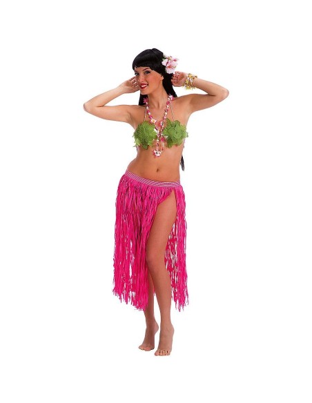 Gonna hawaiana rosa fluo in rafia con frange per costume tropicale donna