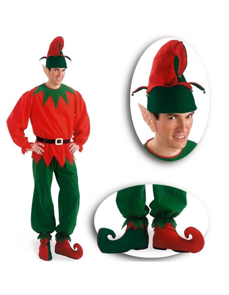 Set elfo natalizio con cappello rosso e verde, orecchie appuntite e copriscarpe a punta per costume di Natale