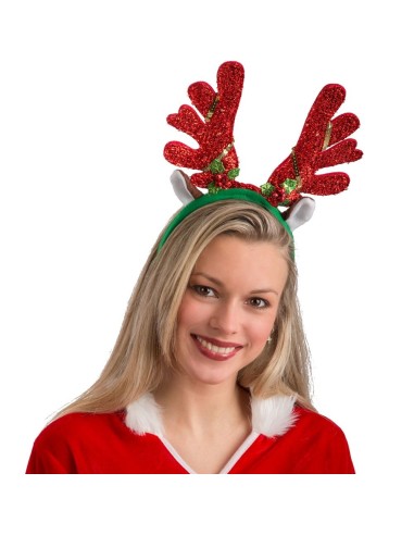 Cerchietto natalizio con corna da renna rosse glitterate e luci LED per feste di Natale