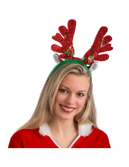 Cerchietto natalizio con corna da renna rosse glitterate e luci LED per feste di Natale