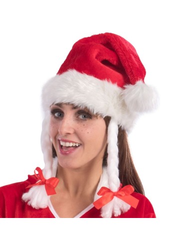 Cappello Babbo Natale rosso in peluche con trecce bianche e bordatura bianca soffice per feste natalizie