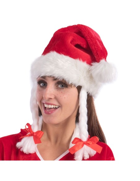 Cappello Babbo Natale rosso in peluche con trecce bianche e bordatura bianca soffice per feste natalizie