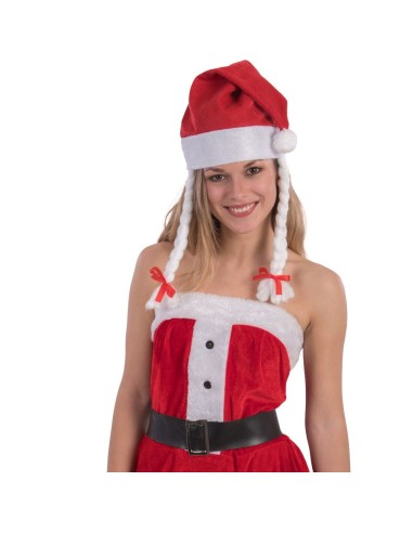 Cappuccio Babbo Natale rosso con bordatura bianca e trecce per costume natalizio