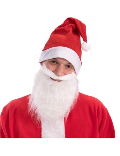 Cappuccio Babbo Natale rosso con barba bianca fluente e cappello con pon pon per costume natalizio
