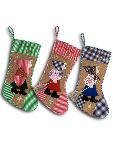 Calze della Befana in juta con decorazioni natalizie colorate e personaggi festivi, lunghe 46 cm