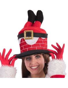 Cappello Babbo Natale in velluto rosso con comignolo mattoni e gambe che spuntano dalla cima per feste natalizie