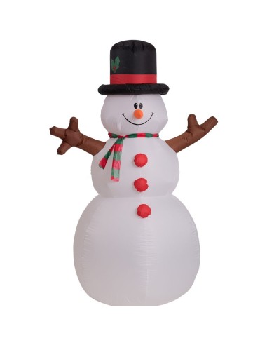 Pupazzo di neve gonfiabile con cappello nero, sciarpa colorata e luci per decorazioni natalizie