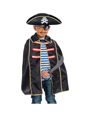 Mantello corsaro nero in taffetas con bordi dorati per costume bambino pirata lunghezza 60 cm