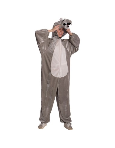 Costume ippopotamo grigio in vellutino con cappuccio orecchie e pancia bianca per feste a tema animali