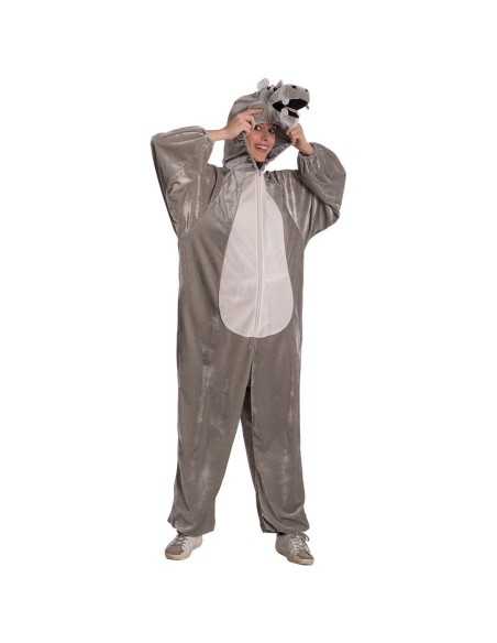 Costume ippopotamo grigio in vellutino con cappuccio orecchie e pancia bianca per feste a tema animali