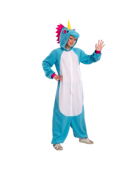 Costume unicorno azzurro in pile con cappuccio, corno giallo e criniera rosa per feste a tema fantasy
