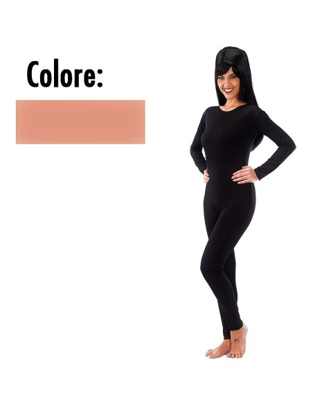 Tuta lycra aderente color carne per donna, ideale come base per costumi teatrali e travestimenti creativi