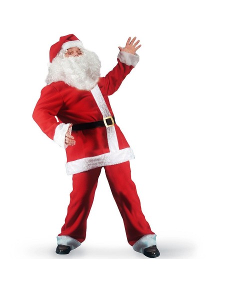 Costume Babbo Natale rosso completo con giacca pantaloni cappello e barba per feste natalizie
