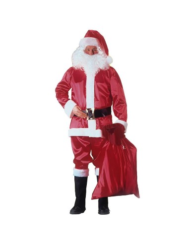 Costume Babbo Natale completo rosso con barba bianca e sacco regalo per feste natalizie