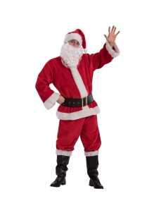 Costume Babbo Natale rosso in peluche con barba bianca, cappello e cintura nera per feste natalizie