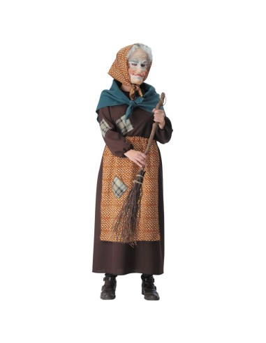 Costume Befana completo con vestito marrone decorato, mantello verde e copricapo per Epifania