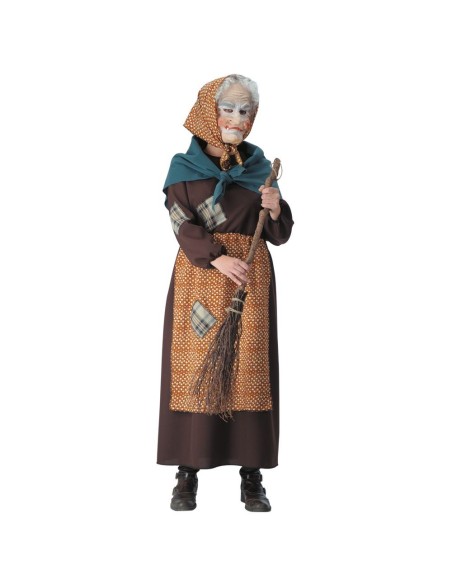 Costume Befana completo con vestito marrone decorato, mantello verde e copricapo per Epifania