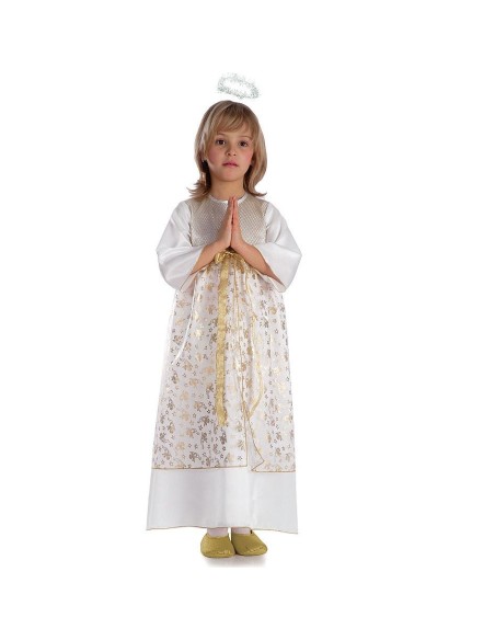 Costume angioletto bambina bianco con abito lungo, maniche e aureola dorata per recite natalizie