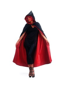 Mantello rosso e nero con cappuccio double face in taffetà lungo 140 cm per costume Halloween vampiro