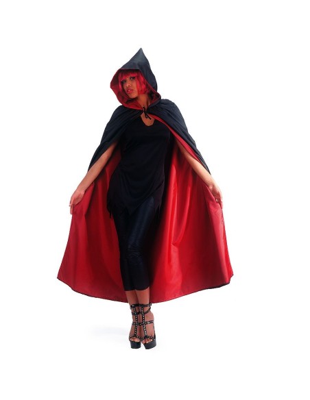 Mantello rosso e nero con cappuccio double face in taffetà lungo 140 cm per costume Halloween vampiro