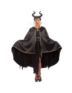 Mantello lungo nero in raso con collo strutturato e finiture dorate per costume Grimilde Halloween