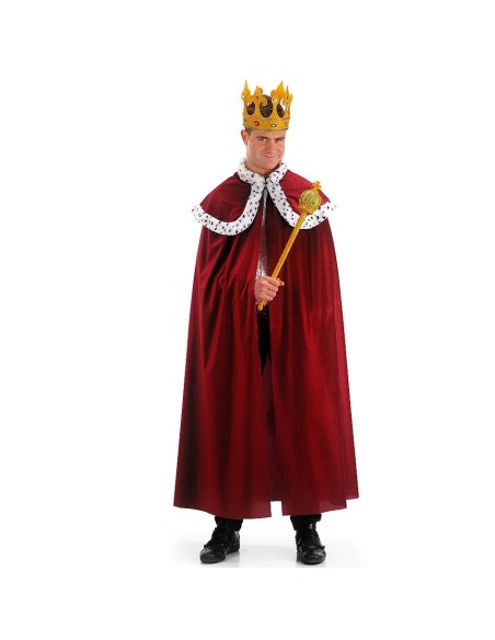 Mantello da re rosso bordeaux lungo con bordature bianche e corona dorata per costume regale