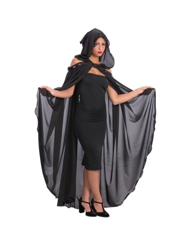 Mantello nero lungo con cappuccio e paillettes per costume Halloween da strega