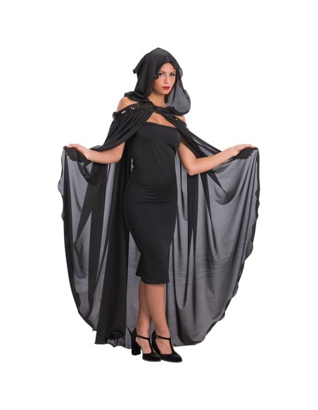 Mantello nero lungo con cappuccio e paillettes per costume Halloween da strega