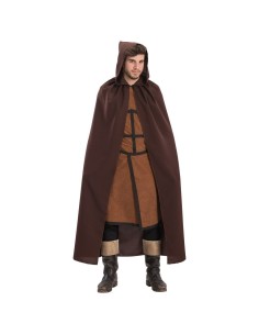 Mantello marrone medievale lungo con cappuccio indossato da uomo per costume fantasy