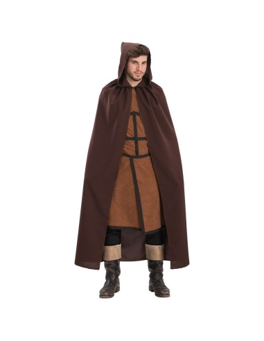 Mantello marrone medievale lungo con cappuccio indossato da uomo per costume fantasy