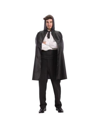 Mantello nero con cappuccio in taffetas lungo per costume Halloween teatro