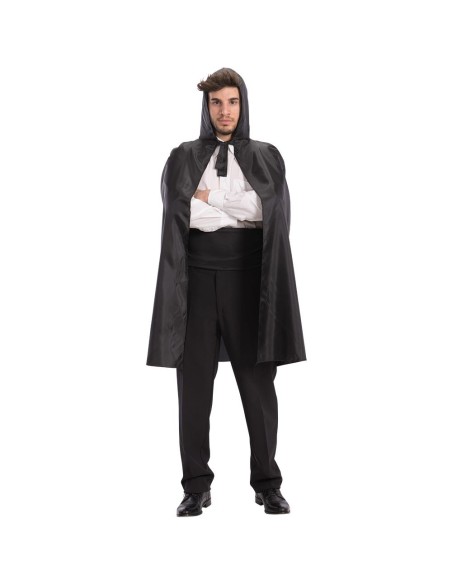 Mantello nero con cappuccio in taffetas lungo per costume Halloween teatro
