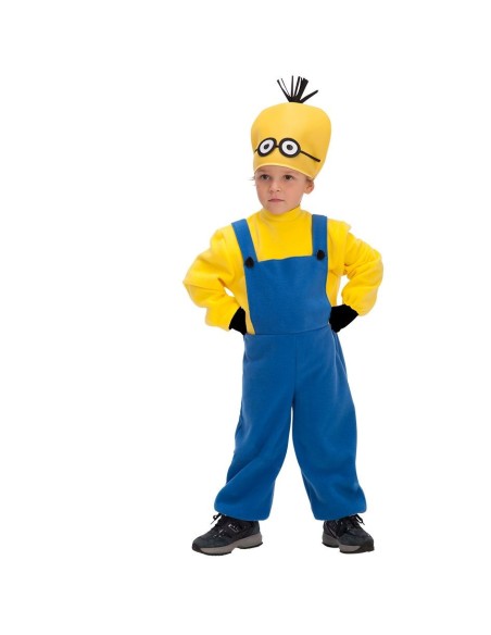 Costume omino giallo baby con tuta gialla salopette blu e cappello per bambini