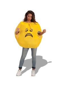 Costume emoticon triste giallo con faccina malinconica per feste a tema emoji e travestimenti divertenti