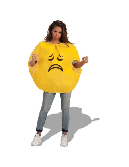 Costume emoticon triste giallo con faccina malinconica per feste a tema emoji e travestimenti divertenti