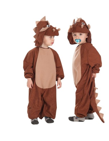 Costume triceratopo marrone per bambini con cappuccio e corna per feste a tema dinosauri