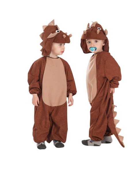 Costume triceratopo marrone per bambini con cappuccio e corna per feste a tema dinosauri