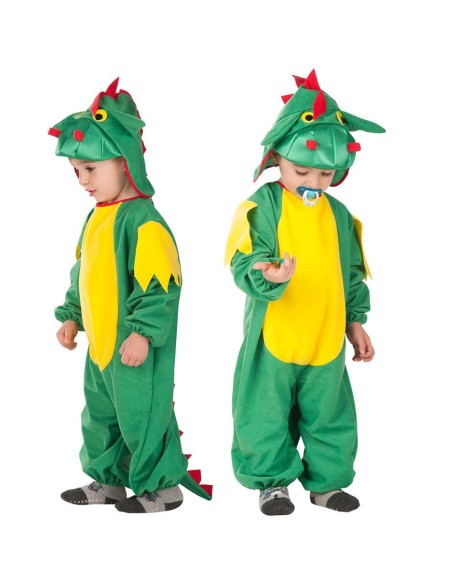Costume draghetto verde con cappuccio rosso e pettorina gialla per bambini piccoli